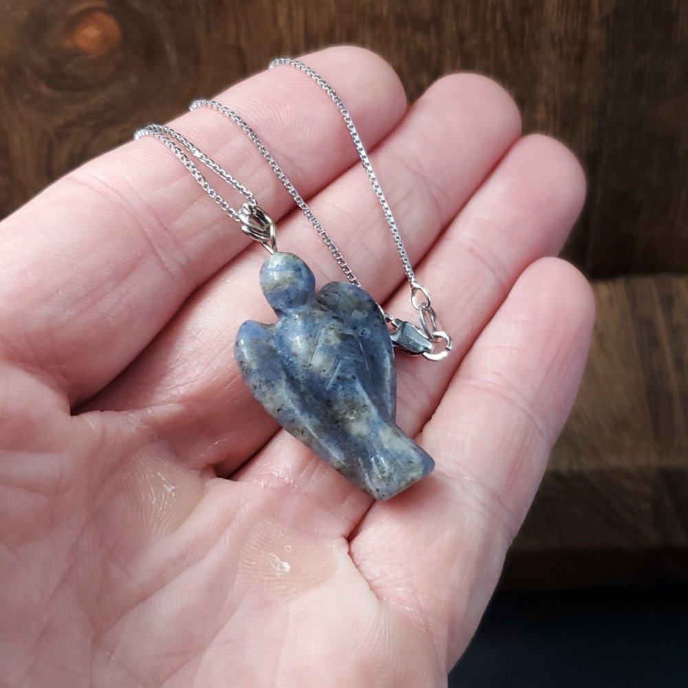 18 Inch Sterling Silver Carved Sodalite Stone Angel Pendant Necklace - Picture 3 of 7